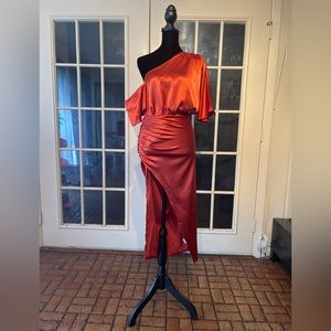 Rust Satin One Shoulder Ruched Skirt Midi Dress